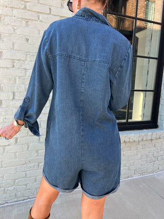 Sadie & Sage | It's Pouring Buttoned Romper Dark Chambray