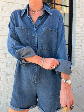 Sadie & Sage | It's Pouring Buttoned Romper Dark Chambray