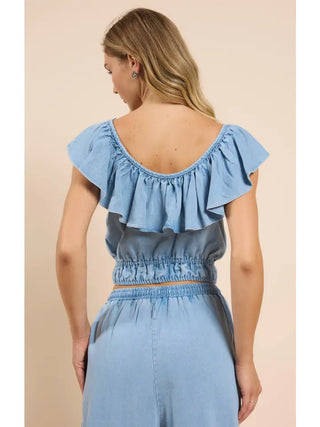 Sadie & Sage | It's Pouring Ruffle Neckline Top Light Chambray