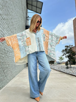 Old Town Denim Patchwork Top Cream