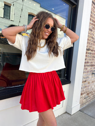 Aria Linen Pleated Skirt Red