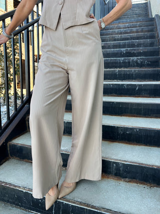 Sage The Label | Pinstripe Vest Jumpsuit Taupe White