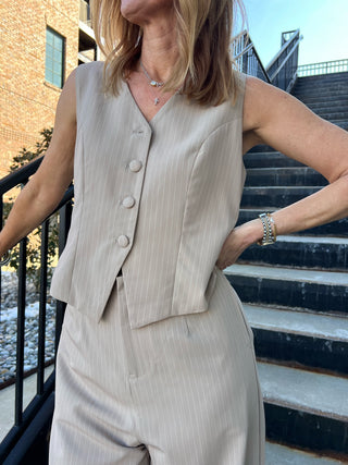 Sage The Label | Pinstripe Vest Jumpsuit Taupe White