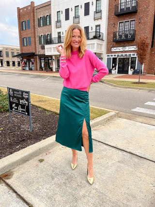 Lulus | Sophia Satin Midi Skirt Emerald Green