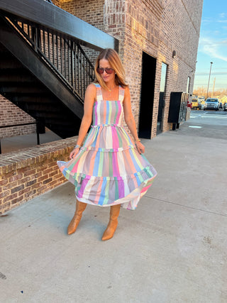 Entro | Isla Multicolor Stripe Midi Dress Pastel