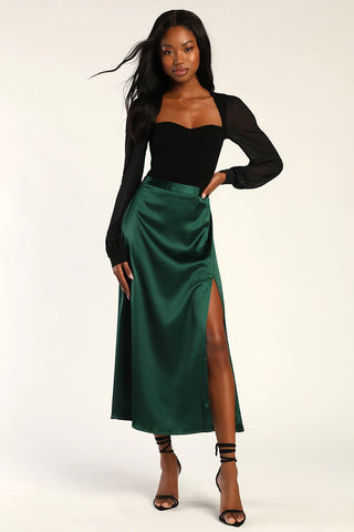 Lulus | Sophia Satin Midi Skirt Emerald Green