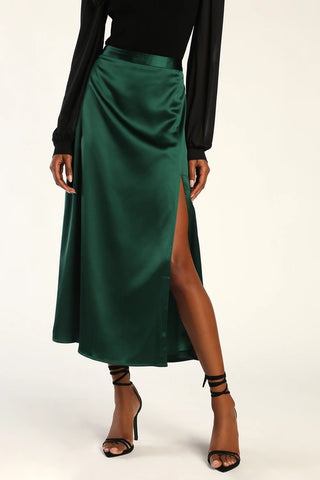 Lulus | Sophia Satin Midi Skirt Emerald Green