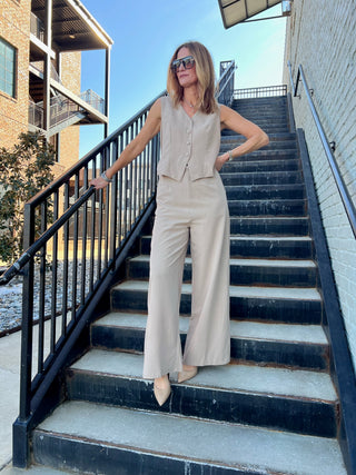 Sage The Label | Pinstripe Vest Jumpsuit Taupe White