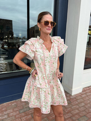 Entro | Juno Floral Ruffle Sleeves Dress Pink