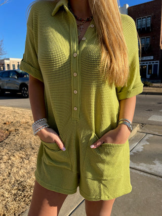 Illa Illa | Waffle Button Down Romper Pistachio