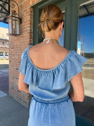 Sadie & Sage | It's Pouring Ruffle Neckline Top Light Chambray