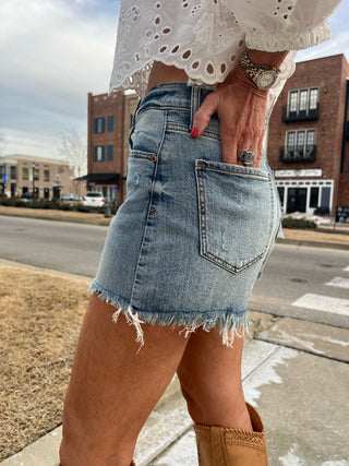 Daze Denim | The Knockout High Rise A-Line denim Shorts KARMA