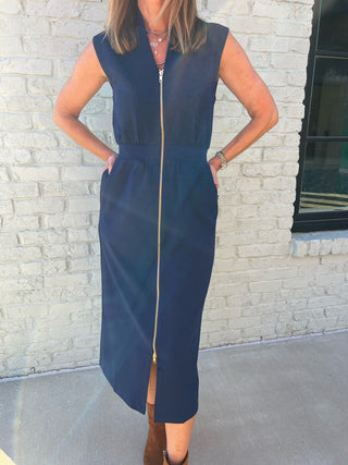 Entro | Lana Sleeveless Zip-Up Midi Dress Navy