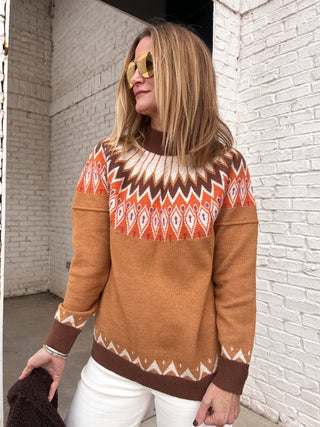 Fate | Fairisle Mock Neck Sweater Camel Multi