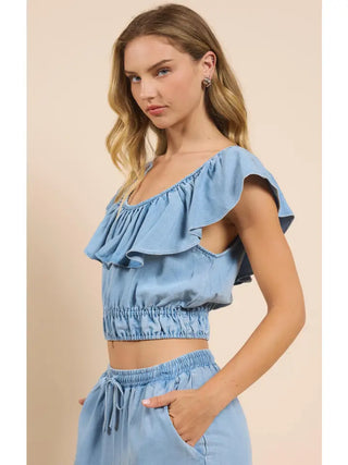 Sadie & Sage | It's Pouring Ruffle Neckline Top Light Chambray