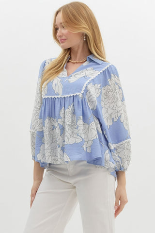 Entro | Laura Floral Print Top Blue